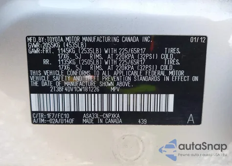 2012 Toyota Rav4 from USA, damaged, VIN 2T3BF4DV1CW181226